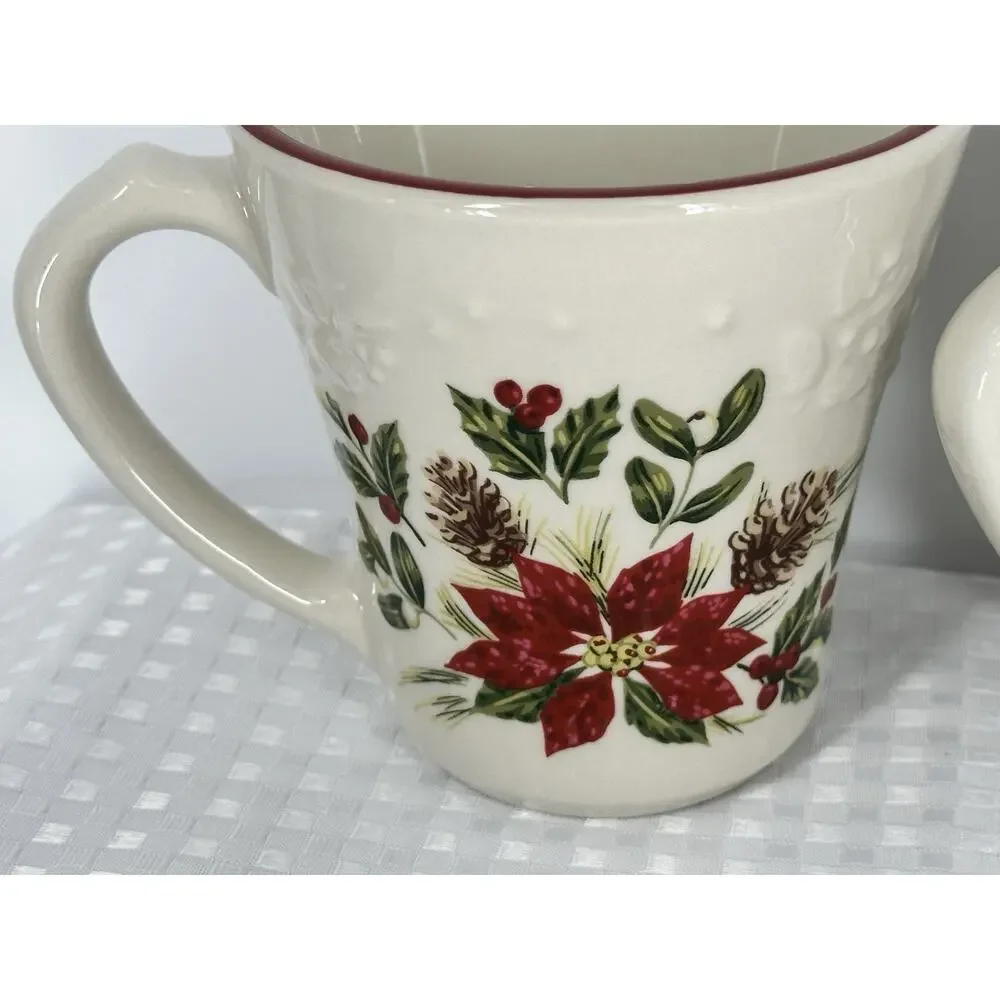 Longaberger Natures Garland Mugs - set of 4 Poinsettia Christmas Pottery